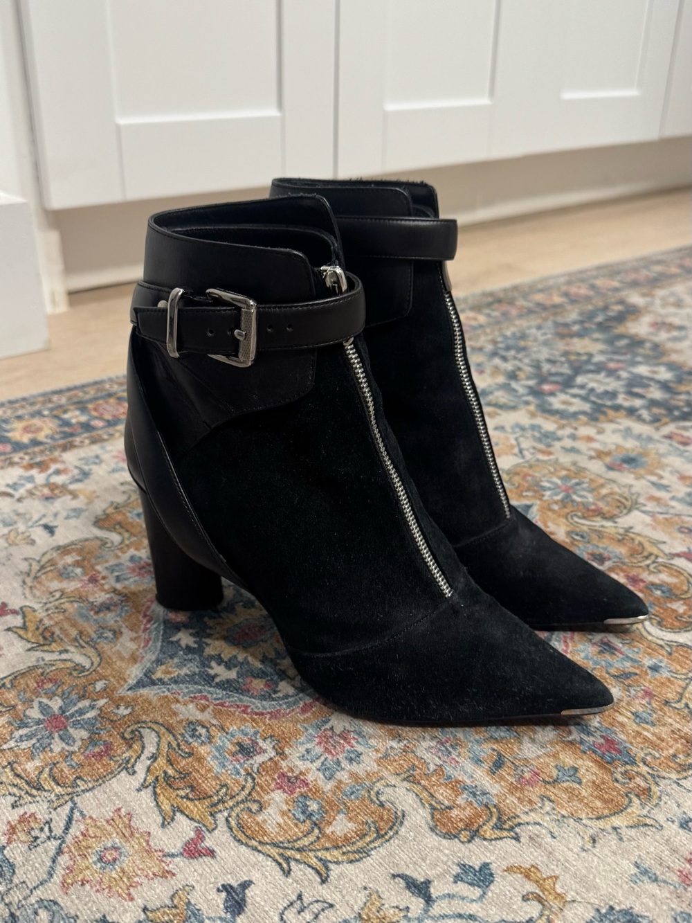 Black Suede Ankle Boots with Buckle & Zip